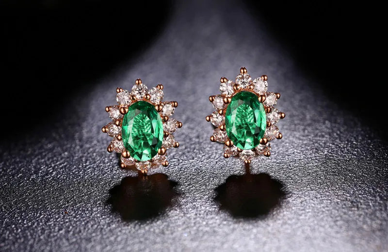 Classic Retro 18k Rose Gold 1.40ctw Natural Emerald Diamond Earrings Studs Gorgeous Jewelry