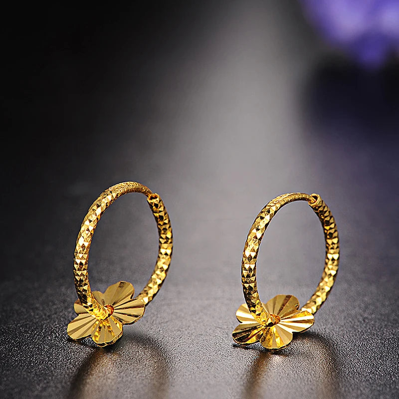 24k Pure Gold Hoop Earrings Flaky Plum Sweet Elegant And Fashion Women Classic Girl Gift 2023 New Hot Selling Real Solid