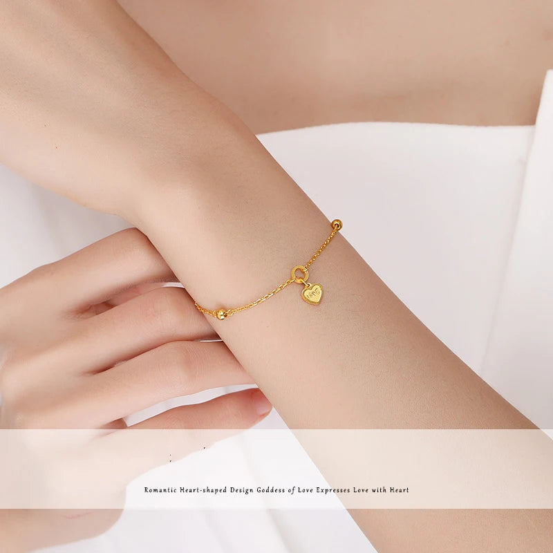 24K Pure Gold Bracelet Real 999 Solid Gold Bangle Upscale Beautiful Heart Romantic Trendy Classic Jewelry