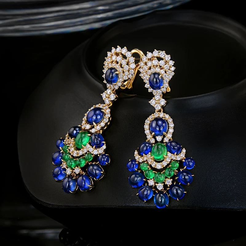 Gorgeous Natural 14.29ctw Blue Sapphires Emeralds and Diamonds Earrings 18kt Yellow Gold Retro English Lock For Women