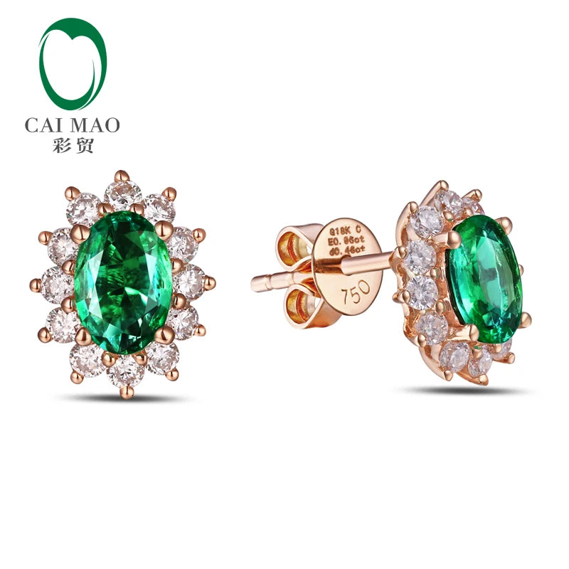 Classic Retro 18k Rose Gold 1.40ctw Natural Emerald Diamond Earrings Studs Gorgeous Jewelry