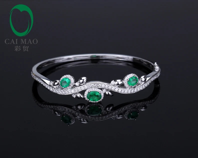 1.78ctw Oval Natural Emerald Pave Diamond 18K/Au750 White Gold Gem Bracelet Caimao Jewelry