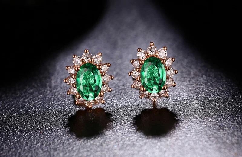 Classic Retro 18k Rose Gold 1.40ctw Natural Emerald Diamond Earrings Studs Gorgeous Jewelry