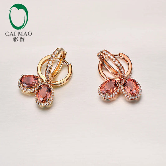 2.16ct Natural Tourmaline with H SI pave Set Diamond 18k Rose / Yellow Gold Dangle Earrings