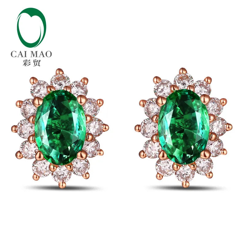 Classic Retro 18k Rose Gold 1.40ctw Natural Emerald Diamond Earrings Studs Gorgeous Jewelry