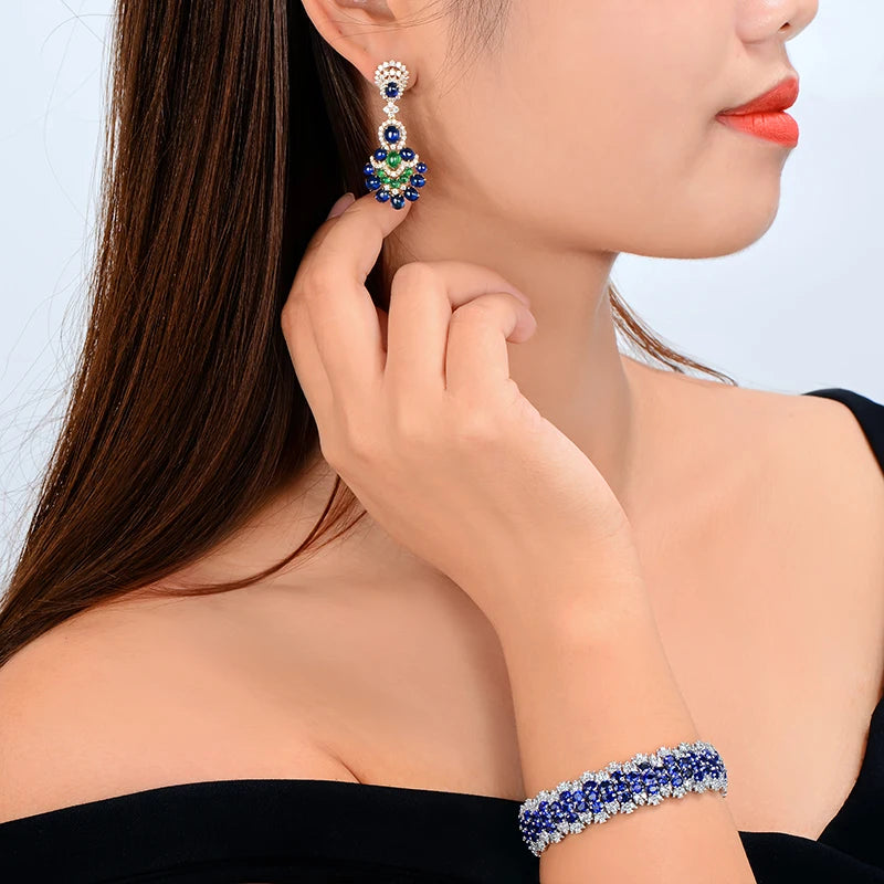 Gorgeous Natural 14.29ctw Blue Sapphires Emeralds and Diamonds Earrings 18kt Yellow Gold Retro English Lock For Women