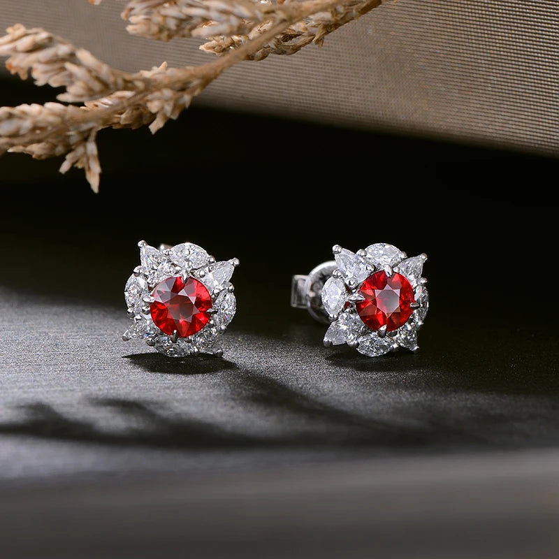 0.69ct Natural Round Red Ruby and Diamonds 18kt White Gold Earrings Studs for Womens