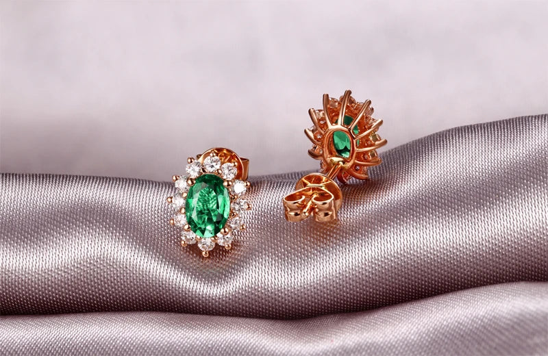 Classic Retro 18k Rose Gold 1.40ctw Natural Emerald Diamond Earrings Studs Gorgeous Jewelry