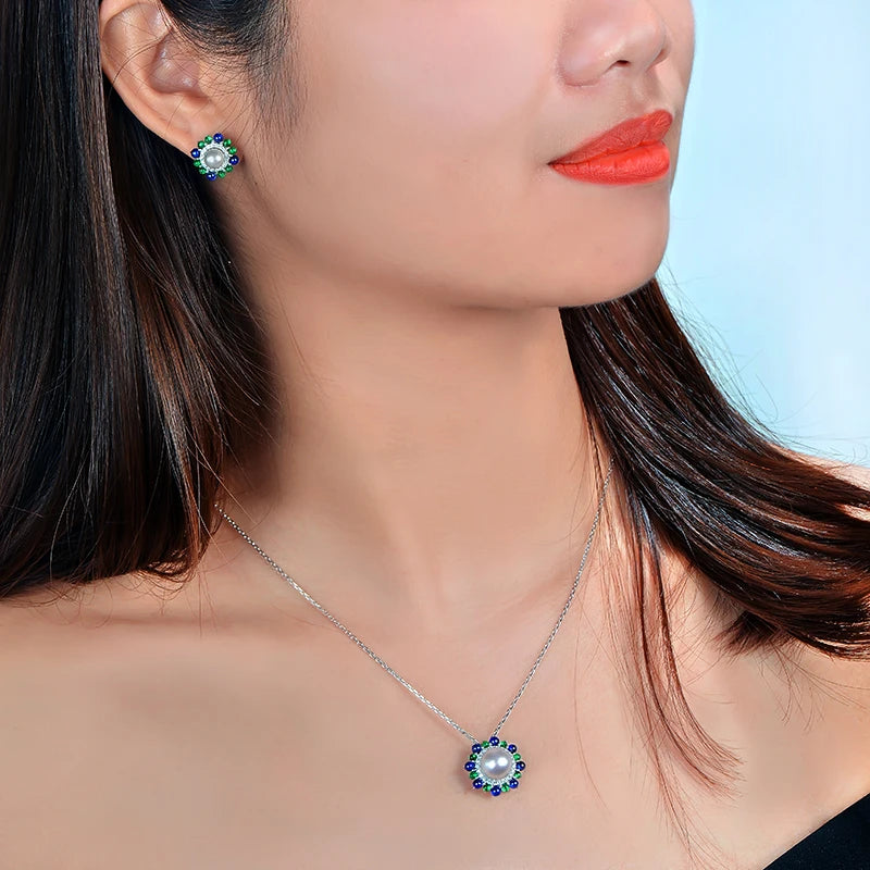 18k White Gold Precious 6mm Round Akoya Pearl With Natural Sapphire Emerald and Diamond Earring Fine Gold Jewelry