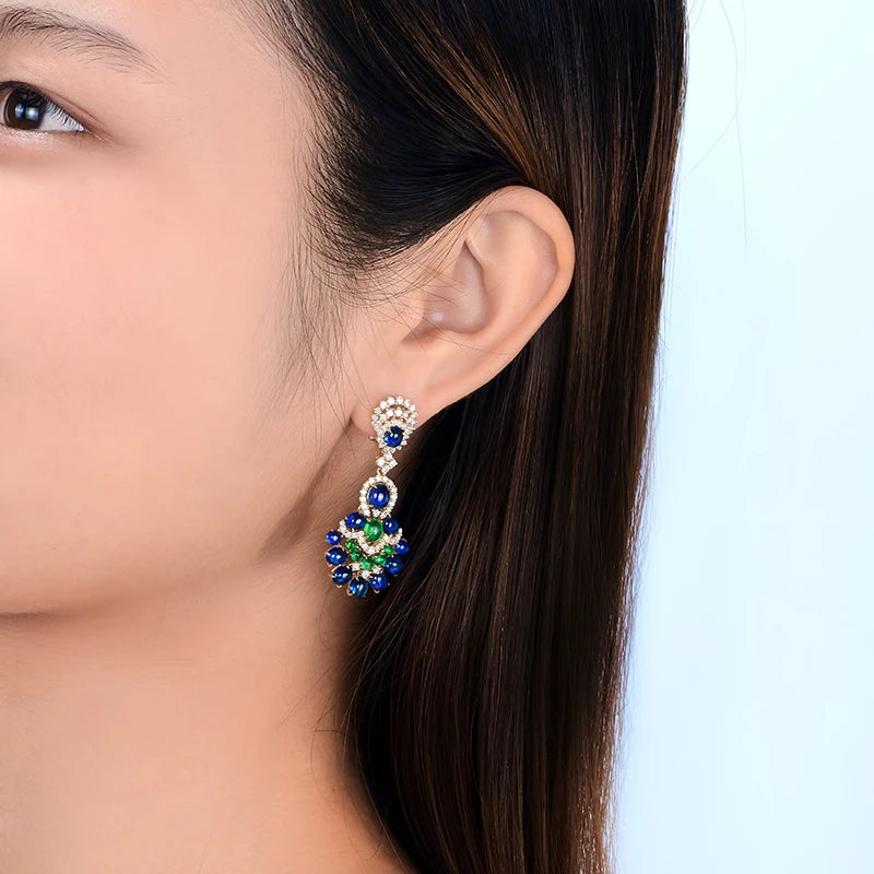 Gorgeous Natural 14.29ctw Blue Sapphires Emeralds and Diamonds Earrings 18kt Yellow Gold Retro English Lock For Women