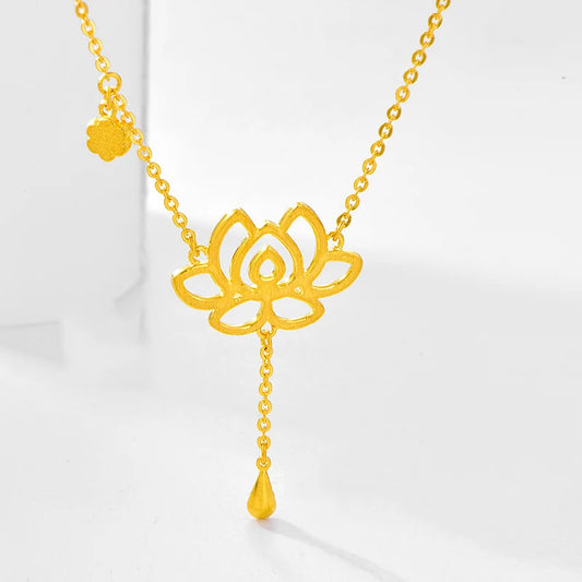 24K Pure Gold Necklace Real AU 999 Solid Gold Chain Classic Beautiful Lotus Upscale Trendy  Fine Jewelry