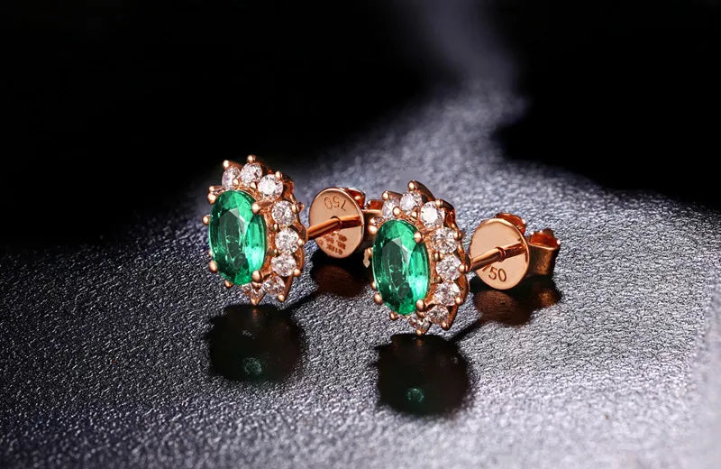 Classic Retro 18k Rose Gold 1.40ctw Natural Emerald Diamond Earrings Studs Gorgeous Jewelry