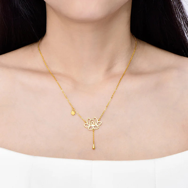 24K Pure Gold Necklace Real AU 999 Solid Gold Chain Classic Beautiful Lotus Upscale Trendy  Fine Jewelry