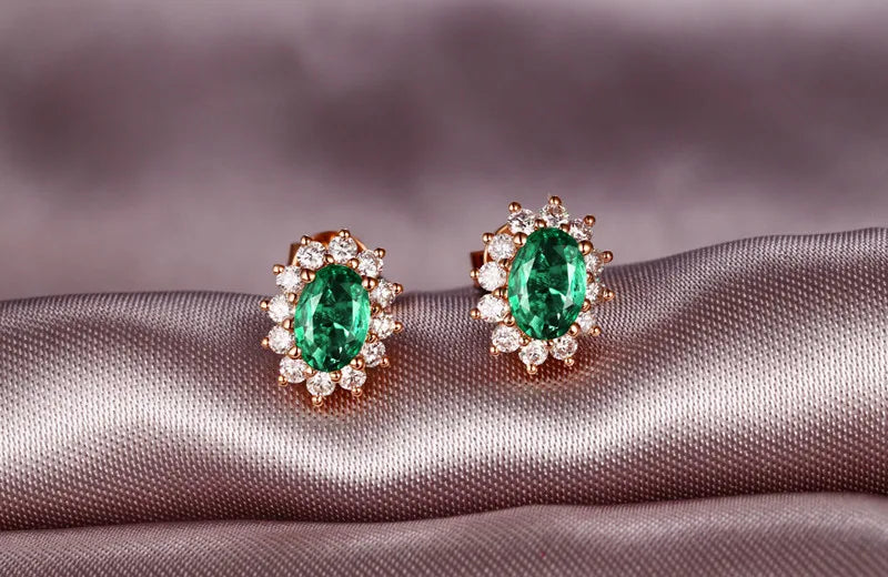 Classic Retro 18k Rose Gold 1.40ctw Natural Emerald Diamond Earrings Studs Gorgeous Jewelry