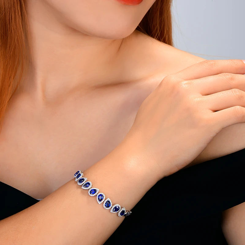 5.71ctw Genuine Tear Drop Sapphire and Diamond Jewelry 18kt White gold Gorgeous Bracelet