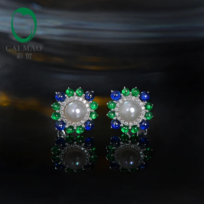 18k White Gold Precious 6mm Round Akoya Pearl With Natural Sapphire Emerald and Diamond Earring Fine Gold Jewelry