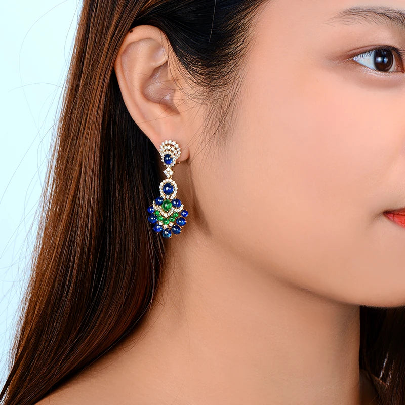 Gorgeous Natural 14.29ctw Blue Sapphires Emeralds and Diamonds Earrings 18kt Yellow Gold Retro English Lock For Women