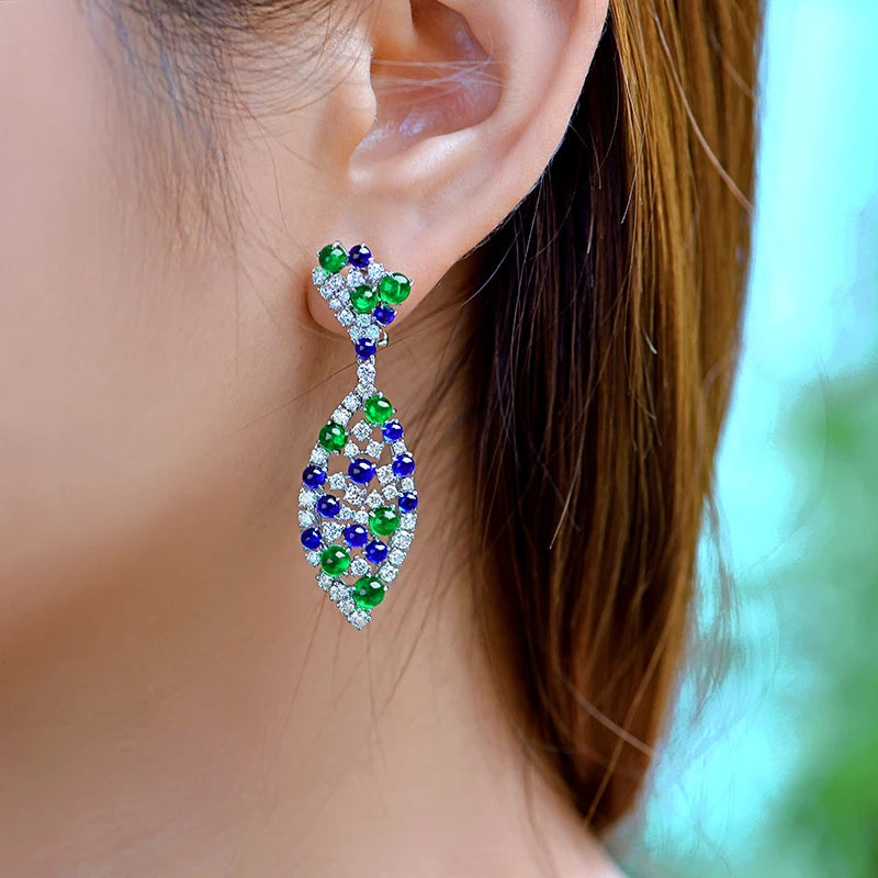 Natural 9.28ctw Cabochon Round Sapphires Emeralds and Diamonds Earrings 18kt Gold Retro English Lock For Women