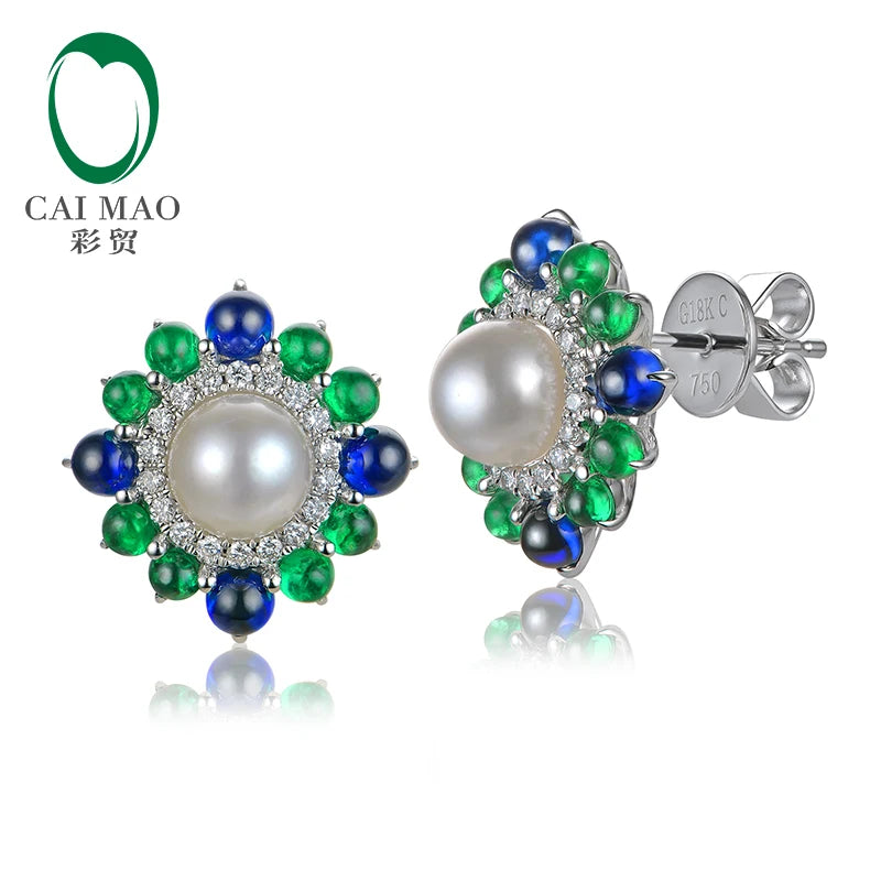 18k White Gold Precious 6mm Round Akoya Pearl With Natural Sapphire Emerald and Diamond Earring Fine Gold Jewelry