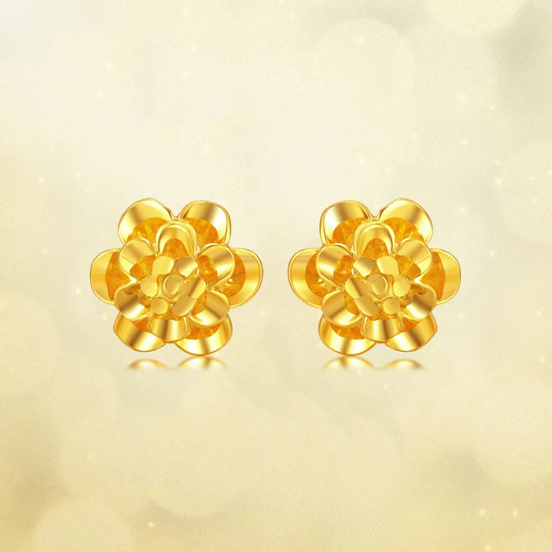 24kPure Gold Flower Shape Stud Earrings Exquisite Hollow Style Beautiful Highlight  Literary Style 999Solid Gold A Pair
