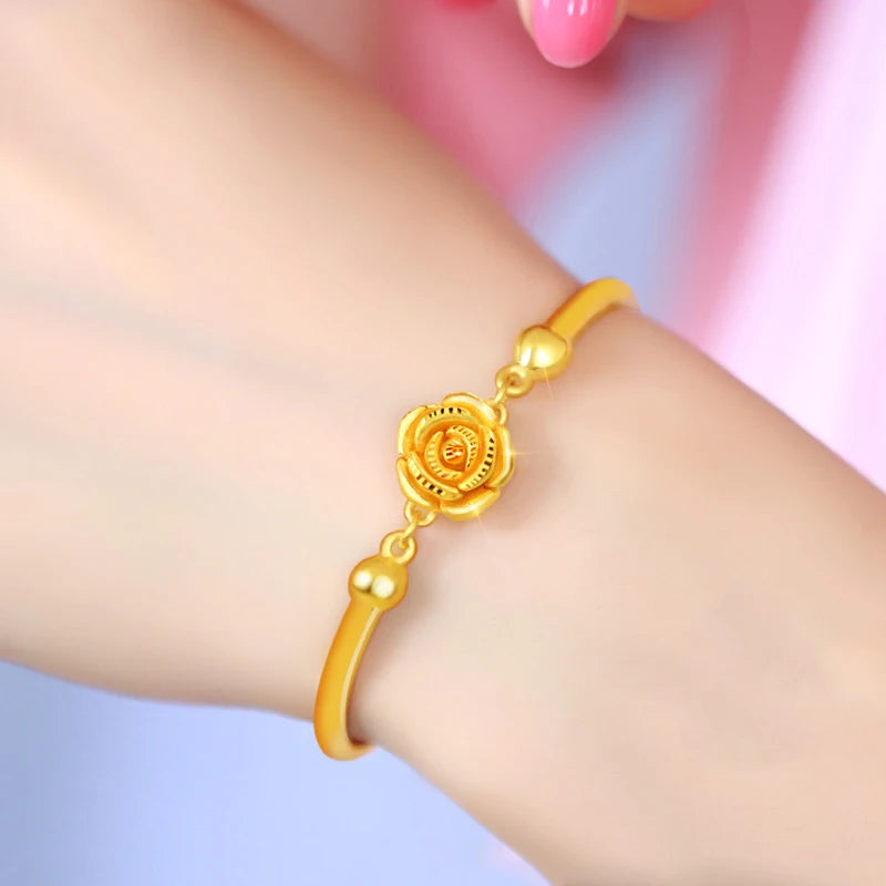 24K Pure Gold Bracelet Real 999 Solid Gold Bangle Solid Beautiful Rose Romantic Trendy  Classic Jewelry