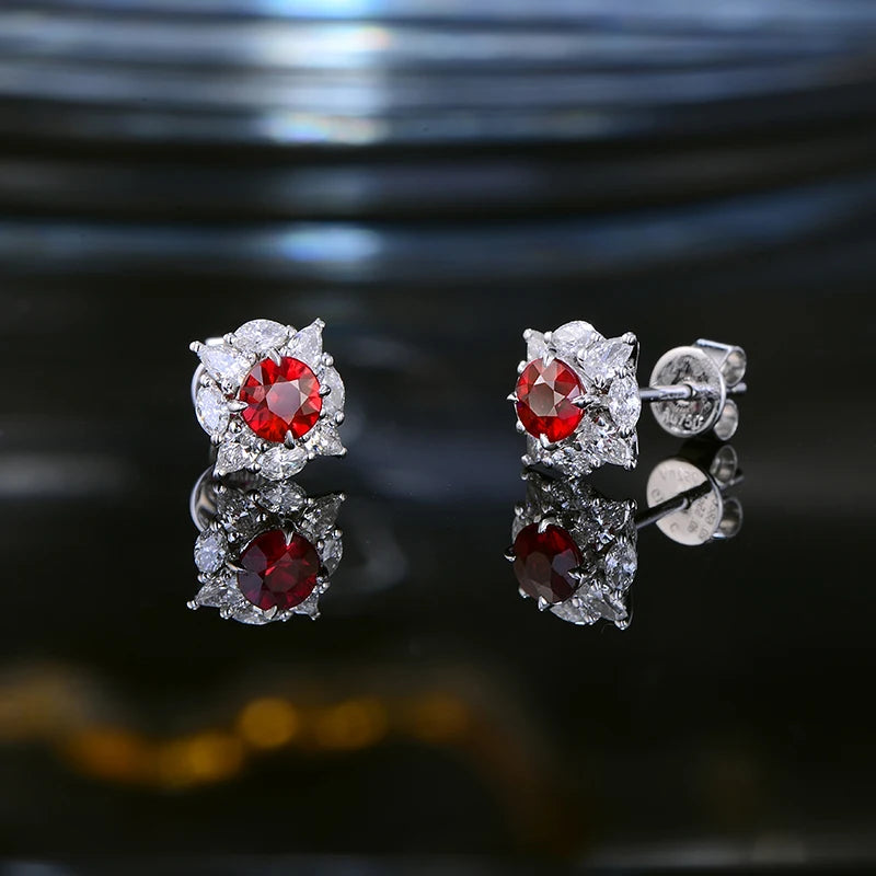 0.69ct Natural Round Red Ruby and Diamonds 18kt White Gold Earrings Studs for Womens