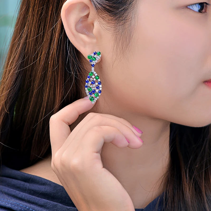 Natural 9.28ctw Cabochon Round Sapphires Emeralds and Diamonds Earrings 18kt Gold Retro English Lock For Women