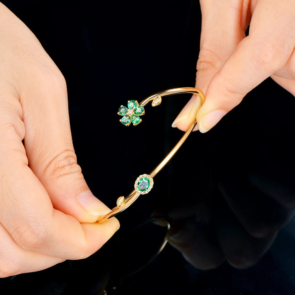 Jewelry 0.94ctw Natural Emerald Pave Diamond 18K Yellow Gold Gemstone Bracelet