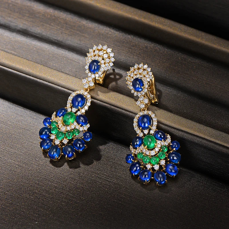 Gorgeous Natural 14.29ctw Blue Sapphires Emeralds and Diamonds Earrings 18kt Yellow Gold Retro English Lock For Women
