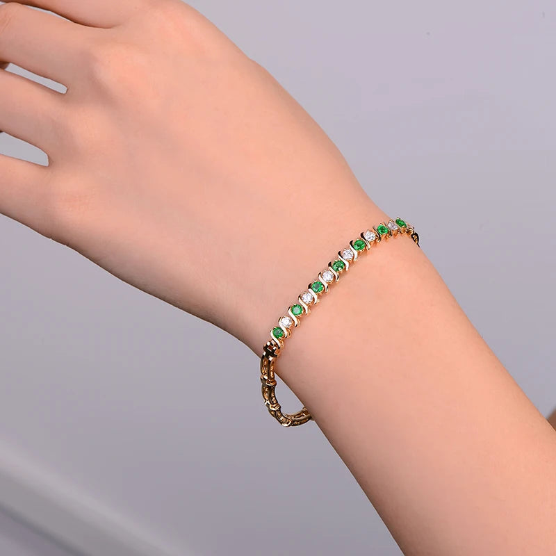 1.33ctw Natural Emeralds and Diamond 18kt Yellow Gold Gemstone Bracelet for Anniversary Fine Jewellery
