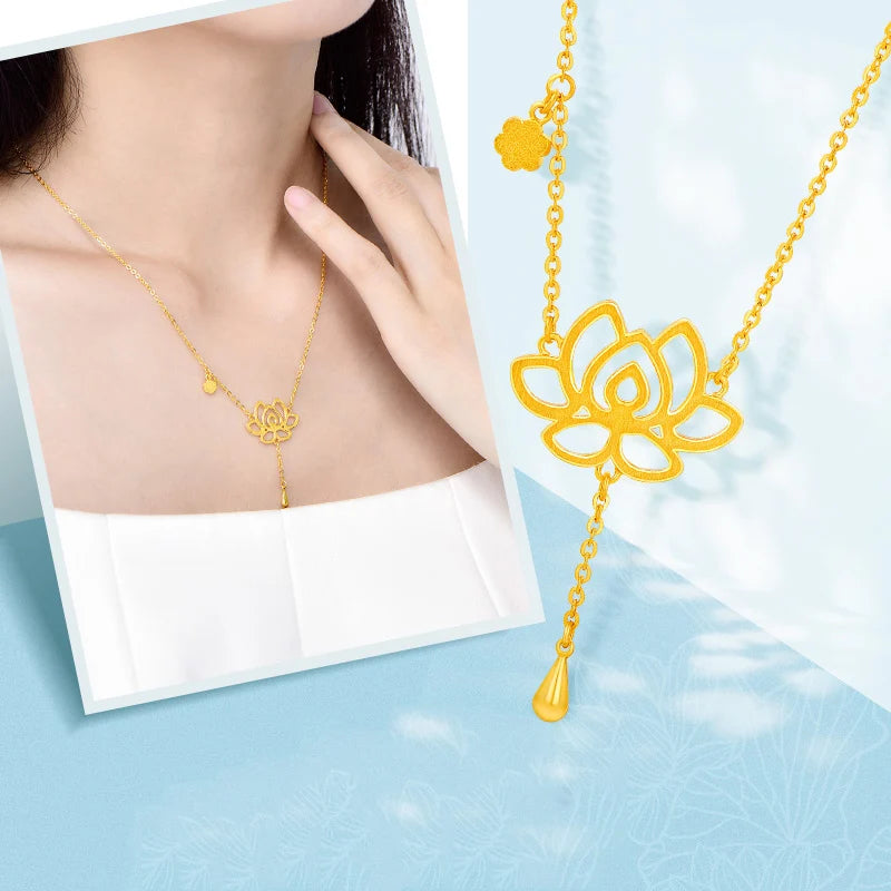 24K Pure Gold Necklace Real AU 999 Solid Gold Chain Classic Beautiful Lotus Upscale Trendy  Fine Jewelry