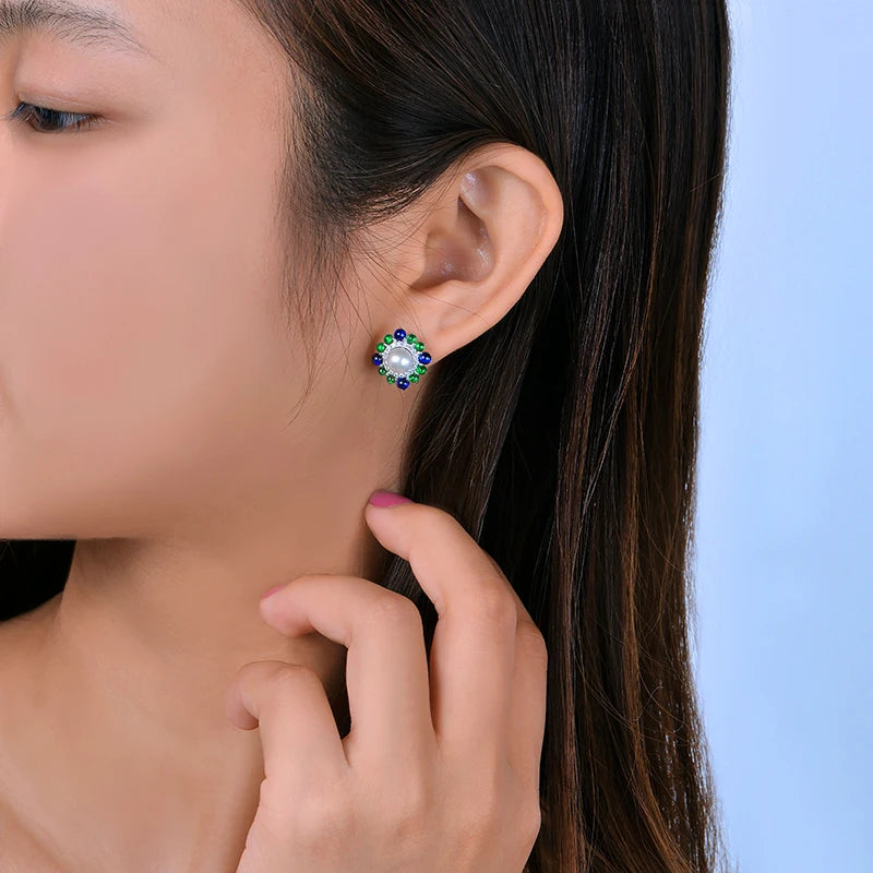 18k White Gold Precious 6mm Round Akoya Pearl With Natural Sapphire Emerald and Diamond Earring Fine Gold Jewelry