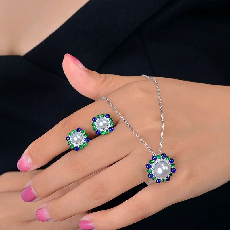 18k White Gold Precious 6mm Round Akoya Pearl With Natural Sapphire Emerald and Diamond Earring Fine Gold Jewelry