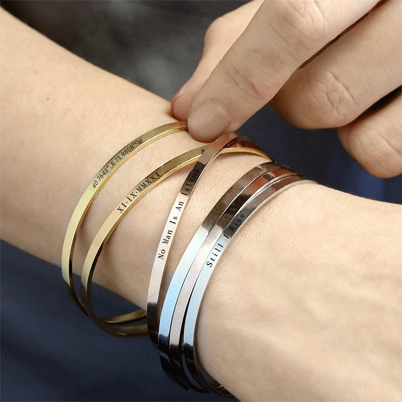Custom Phrase Cuff Bracelets for Women Men Personalized Coordinates Text Name Bangles Stainless Steel Jewelry Famliy Lover Gifts