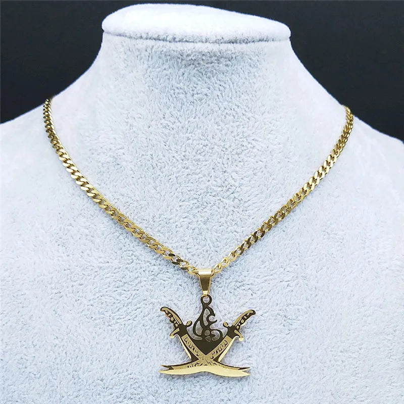 Arabic Retro Imam Ali Sword Muslim Islam Knife Chain Necklaces Stainless Steel Necklace Men/Women Gold Color Jewelry N3435S05