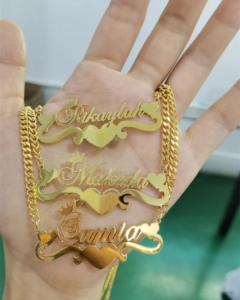Custom Heart Name Necklace With Heart Ribbon Stainless Steel Crown Nameplate Pendant Necklace Women Jewelry Best Friends Gifts
