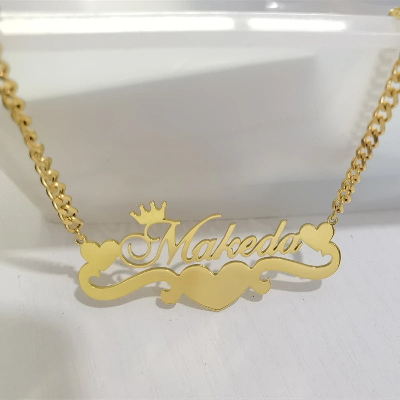 Custom Heart Name Necklace With Heart Ribbon Stainless Steel Crown Nameplate Pendant Necklace Women Jewelry Best Friends Gifts