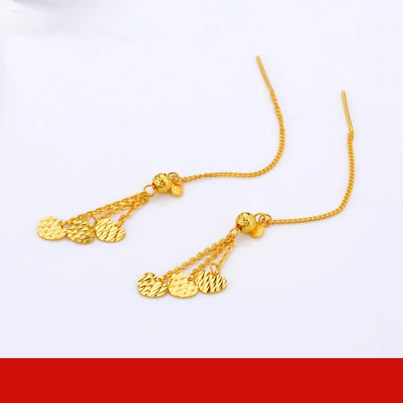 24K Pure Gold Earring Real AU 999 Solid Gold Earrings Nice Good  Tassel Upscale Trendy Fine Jewelry