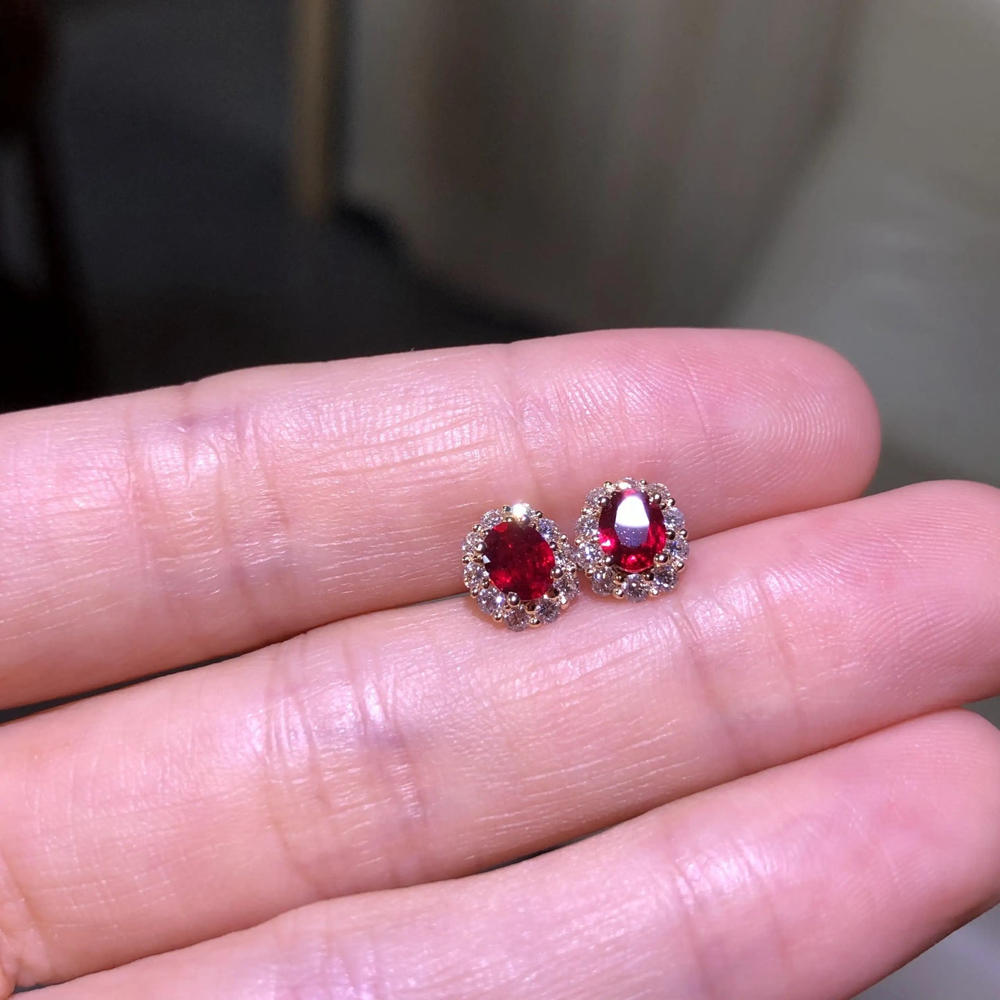 Natural Mozambique Classic Wild Colors Colorful Pigeon Blood Ruby 18K Gold Halo Diamond Stud Earrings