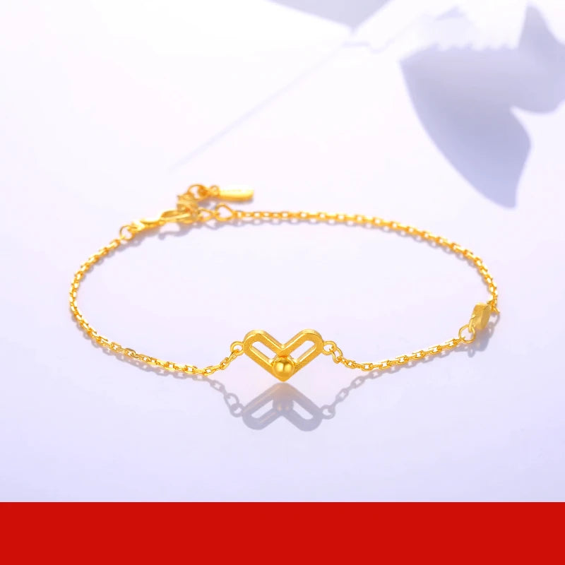 24K Pure Gold Bracelet Real 999 Solid Gold Bangle Heart Beautiful Romantic Trendy Classic Jewelry