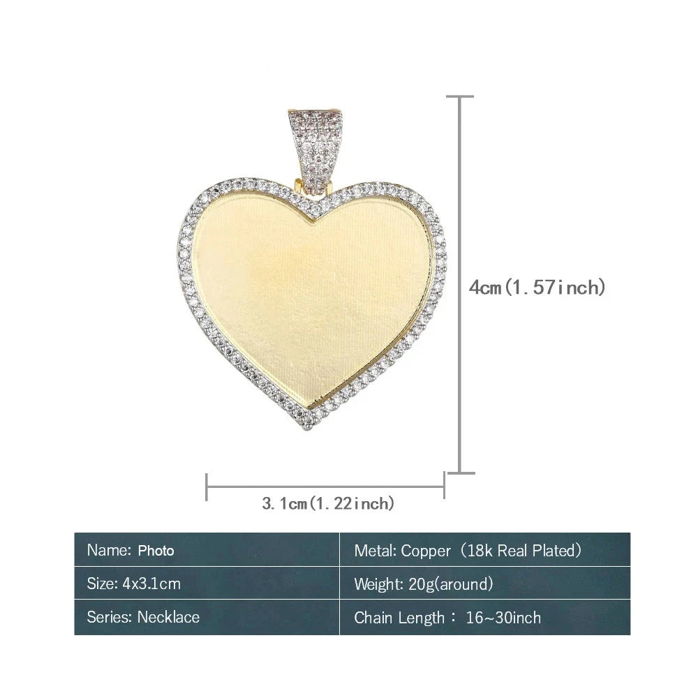 Collier personnalisé en forme de cœur avec photo et pendentif en forme de médaillon, dos solide, une rangée de zircons, pour hommes et femmes, bijoux Hip Hop