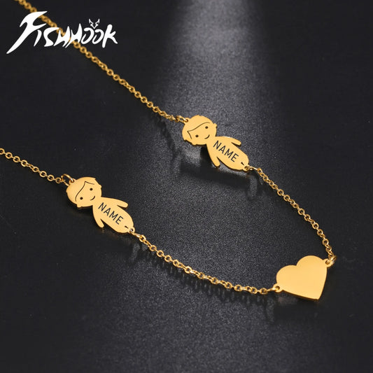 Collier personnalisé avec hameçon, nom personnalisé, garçon, fille, enfant, chaîne, cœur, cadeau familial pour femme et homme, bijoux en acier inoxydable