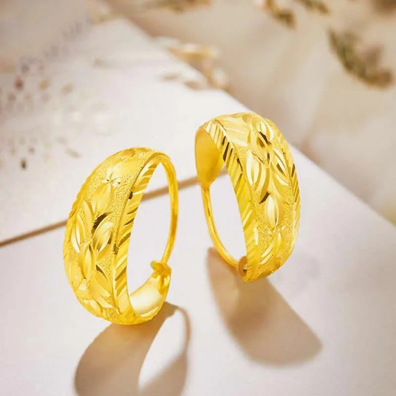 Pure 24K Yellow Gold Women Leaf Hoop Earrings