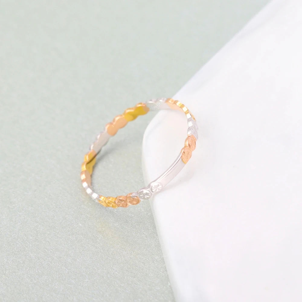 Au750 Real Pure 18K Multi-Tone Gold Band Shiny Round Carved Full Star Ring Women Lucky Gift 1-1.1g
