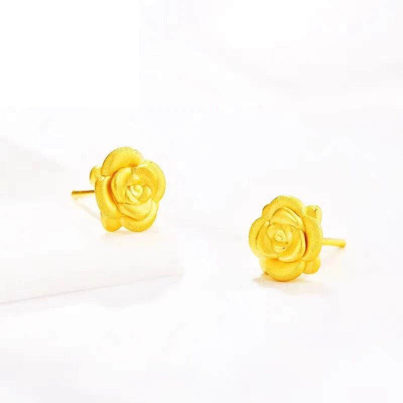 Pure 24K Yellow Gold Earrings Stud For Women Beauty Rose Flower Earrings 9mm Size