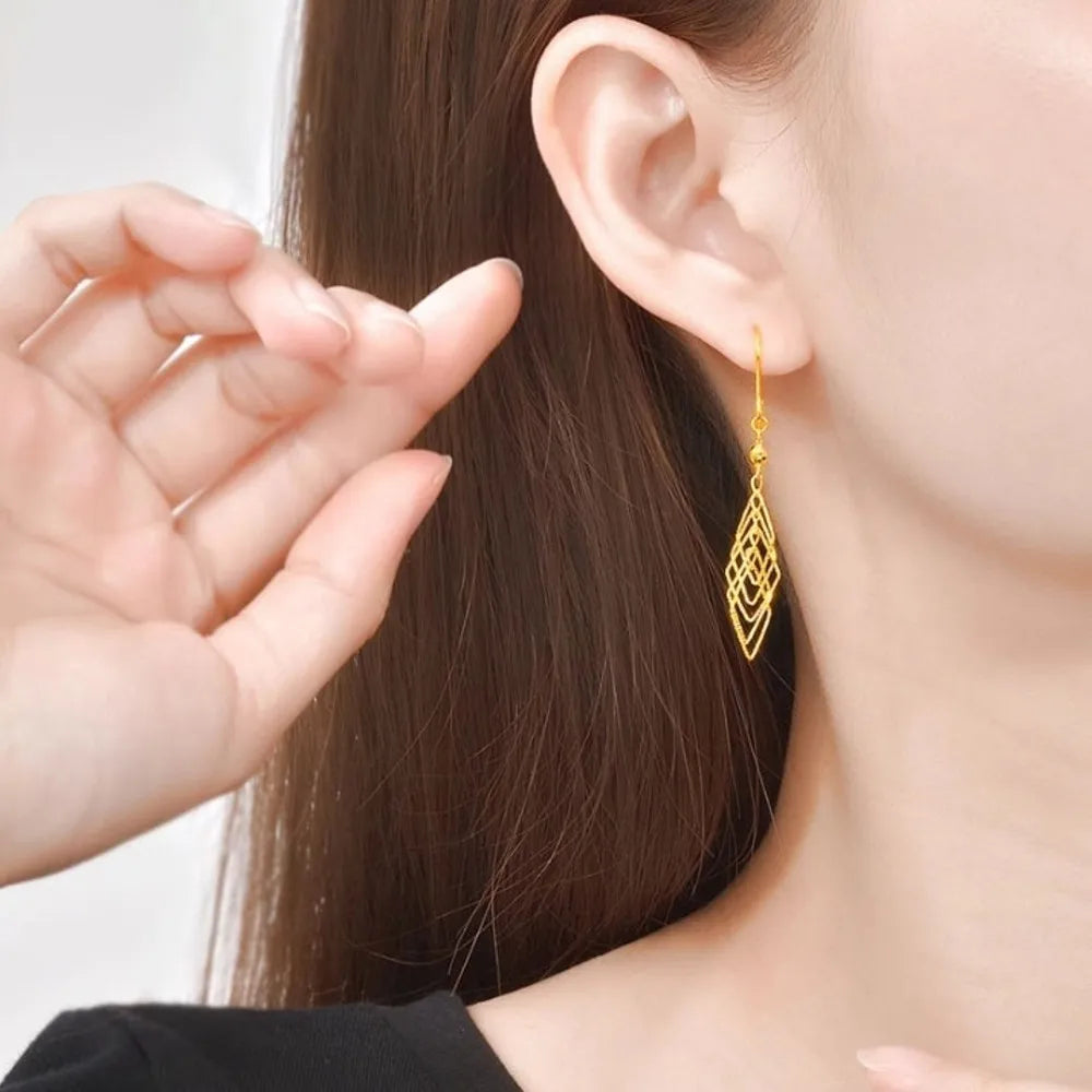 Real Pure 999 24k Yellow Gold Dangle Women Lucky Bead Hollow Rhombus Tassel Earrings 2.1g
