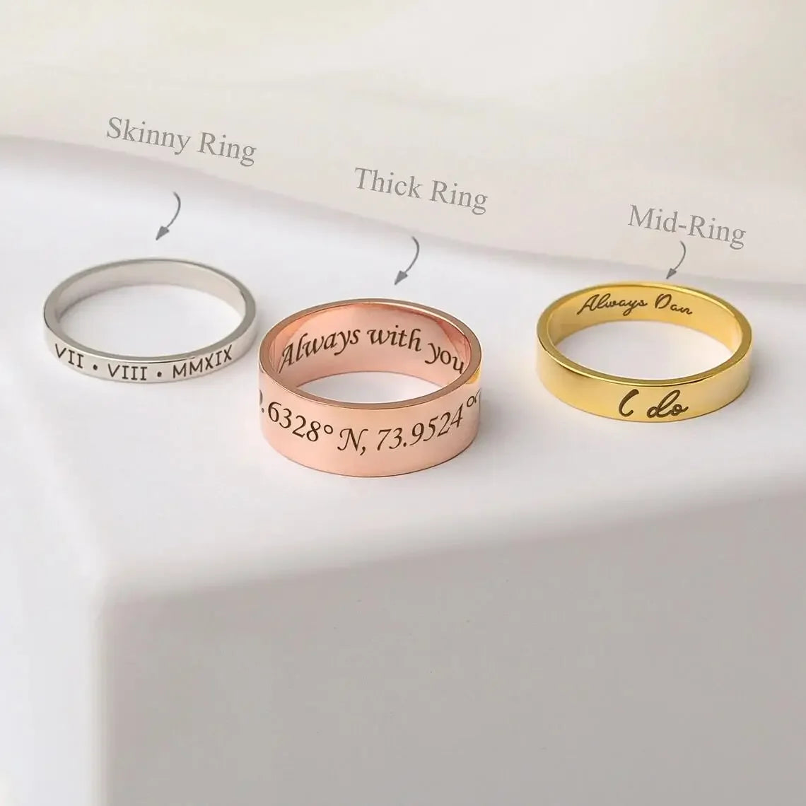 Bague personnalisée avec mot à l'intérieur et à l'extérieur, gravure délicate, nom personnalisé, bague empilable, unisexe, promesse d'éternité, cadeaux commémoratifs d'anniversaire