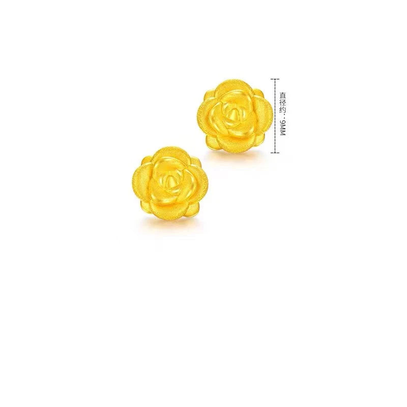 Pure 24K Yellow Gold Earrings Stud For Women Beauty Rose Flower Earrings 9mm Size