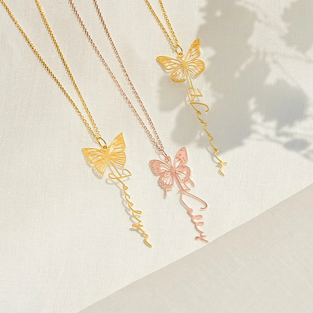 Custom Butterfly with Name Stainless Steel Necklace Personality Vertical Pendant Women Necklace Jewelry Fine Gift for Girlfriend