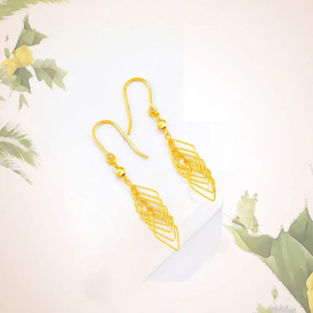 Real Pure 999 24k Yellow Gold Dangle Women Lucky Bead Hollow Rhombus Tassel Earrings 2.1g
